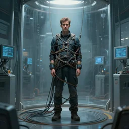 a man bound with data cables in an ai containment facility, digital painting, concept art, trending on artstation, epic composition, wlop, rossdraws, sharp focus, octane render