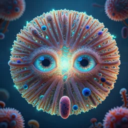 gates of heaven, expressive eyes, floating, radiolaria, protophyta, micro - organisms, center frame, symmetric, rim light, marine microbiology, bioluminescence, electric, fur, soft, concept art, intricate details, highly detailed, colorful, photorealistic, disney pixar, octane render,