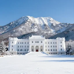 a magnificent snow - covered palace at the top of changbai mountain, with sunlight spilling over the flat ground at the foot of the mountain is a sea of petunia flowers ， super wide angle ， chinese style ， matte painting ， rtx on ， trending on cgsociety and artstation, volumetric light ，