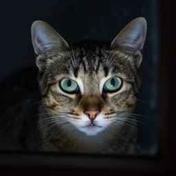 cat eyes reflection on the window, glowing in the night