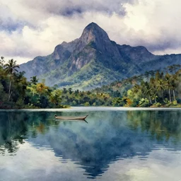 watercolor painting of tropical lake with fishing boat, reflections, tall mountains and clouds, moody, colorful, cinematic light