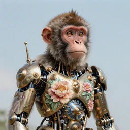 portrait of a monkey, robot steampunk, cyborgnetic, floral! intricate, elegant, highly detailed, ray tracing, digital painting, artstation, concept art, clear sky, extremely detailed, fantasy, smooth, sharp focus, illustration, art by artgerm and greg rutkowski and alphonse mucha, 8 k