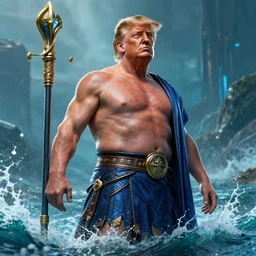 donald trump as poseidon was the god of water and the oceans, style artstation, style greg rutkowsk, octane render, unreal engine 6, epic game graphics, fantasy, ciberpunk, conceptual art, ray tracing