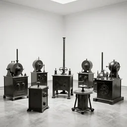 a historical photograph of Marcel Duchamp surrounded my ancient machines in a vast empty white room, 1919, courtesy of Centre Pompidou
