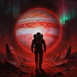 extreme closeup portrait silhouette mass effect astronaut walking toward an energy sphere on jupiter, jagged rocks, sparse plants, weird, creepy, quiet, red color scheme, andromeda krogan nebula aurora, detailed painting bioluminance alena aenami artworks in 4 kby gustave darrow, moebius!! dan mumford thomas kinkade
