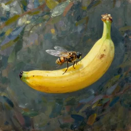 oil painting impressionist time flies like an arrow, fruit flies like a banana, whimsical, detailed,