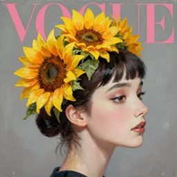 sunflower tiara, eye shadow, korean audrey hepburn, vogue magazine, greg rutkowski, john singer sargent, trending on artstation, anime, oil painting, side profile portrait, looking right, intricate