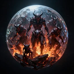 floating crystal ball in space containing brutal demon army, dark, gritty, damaged, hellfire, hostile, demonic, diabolic, cinematic light, on artstation