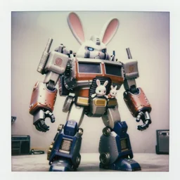 very realistic! photograph giant oversized battle rabbit robot delorean fusion chubby mech transformers retro boombox delorean mixed with mecha robot double decker with giant oversized ears and rabbit babies, in tokio, full body, cinematic focus, polaroid photo, vintage, neutral dull colors, soft lights, foggy mist, by oleg oprisco, by thomas peschak, by discovery channel, by victor enrich, by gregory crewdson