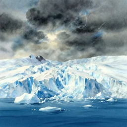 glaciers melting into the sea, stormy weather, studio ghibli, watercolor