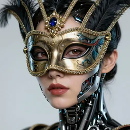 A close-up portrait of a beautiful female cyborg wearing an intricate venetian mask by wlop, exposed inner structure, glowing eyes, trending on artstation
