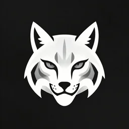 modern minimalistic stylised logo of a lynx head, symmetrical, white with black background, elite dangerous, vector image