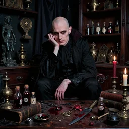 night portrait f / 1. 4 of a neurotic forty two year old british man vampire thin features feeling confidant in a cluttered dark room full of ancient dusty artifacts ( ( ( bald ) ) ) tables vials of blood dark statues runes shelves magical instruments drapery arcane tools jewels graffiti candlesticks ritual bloody knife books atmospheric hdr vivid color