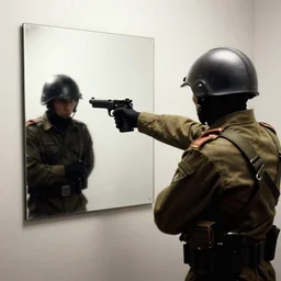 soldier pointing gun at a mirror, banksy, artgerm