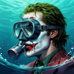 a profile photo of a joker with a diving oxygen mask with side profile blood in ocean intricate details by MARVEL comics and Sandra Chevrier-C