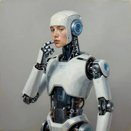 a robot pretending to be a real human, oil painting, highly detailed, concept art