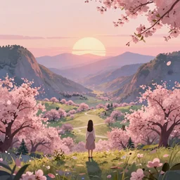 highly detailed fantasy art, scene of natural innate artstation style, artstation form,  a girl stood in the blossoming sunset valley, pondering the mountains in the distance. peaceful pastel palette, matte painting