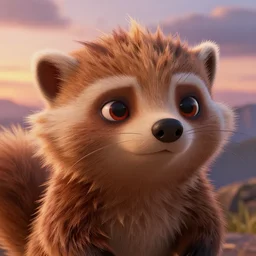 Phil the Skunk, pixar movie scene, very detailed closeup of fur texture at Magic Hour