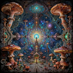 a polyphonic symphony of fungal bio - communications inside a surreal 3 d fractal temple made up of organic fungal mushroom and mycelium, bioluminescent surfaces, inspired by ernst haeckel & escher & peter mohrbacher & remedios varo & agostino arrivabene