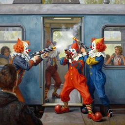 clowns robbing inside a train using water guns, highly detailed painting by gaston bussiere, craig mullins, j. c. leyendecker 8 k