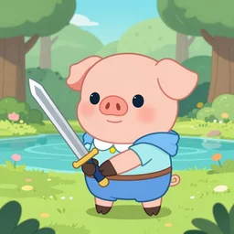 very cute and adorable anthro little piggy knight princess portrait, holding a sword, adorable blue eyes, piglet, fantasy forest landscape, lake, summer, pale blue outfit, cute forest creature, fluffy, pastel colors, Adventure Time, Dreamworks, Behance, Pokemon, Artstation, trending on artstation, peach and goma style, milk and mocha style, art of silverfox, Yee Chong Silverfox, Sydney Hanson, Sofya Emelenko, Elina Karimova