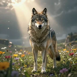 A high fantasy wolf girl standing in the middle of the field of flowers, by Eddie Mendoza, cinematic portrait, thrilling, suspense, god rays, digitalized art, official media, beautiful, detailed, high quality, wallpaper 4K, epic, trending on artstation and behance, dynamic lightning