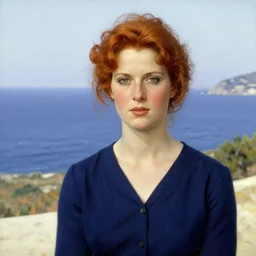 portrait of a lady! with red hair! by norman rockwell!! mediterranean sea in the background!! beautiful!