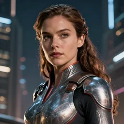 VFX movie closeup portrait of a futuristic hero woman in spandex armor in future city, hero pose, beautiful skin, night lighting by Emmanuel Lubezki