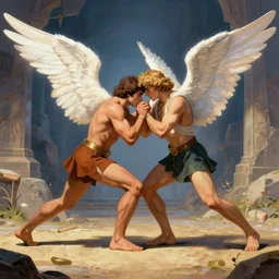 jacob wrestling with the angel in the book of genesis, wide shot, full shot, by greg rudowski and james gurney, trending on artstation