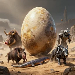 by beatriz bradaschii and danny ingrassia, visually stunning, cinematic, ultra realistic, hyper realism, 1 2 k, epic, octane render, unreal engine, vfx, maya, serpent egg : sandhoof waterbreakerer, stonetusk boar : sudden genesis, wolfrider : dampen magic, grave shambler : lesser mithril spellstone