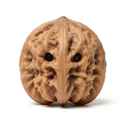 a stern round large walnut with two stern eyes and a mouth without a nose, white background, by ron cobb