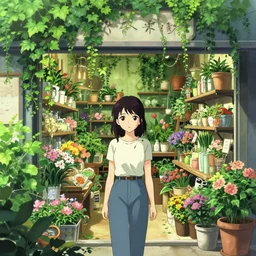 anime visual a woman in a florist's store interior with lush overgrowth, ivy, foliage, flowers, cute face by ilya kuvshinov, kyoani, artgerm, krenz cushart, wlop, hiroaki samura, yoshinari yoh, james jean, katsuhiro otomo, loish, cel shaded, anime poster