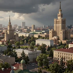 realistic photograph of a city where buildings of different styles are mixed together all over the world ， volumetric lighting, god's ray, soviet, detailed characters, summer, dark overcast weather, high detailed, smooth, mark arian, award winning, highly detailed 4 k art by beeple and fvckrender and visualdon, trending on cgsociety