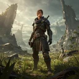 a an overgrown post apocalyptic landscape, scifi character art by greg rutkowski, craig mullins, horizon zero dawn, cinematic lighting, dystopian scifi apocalypse