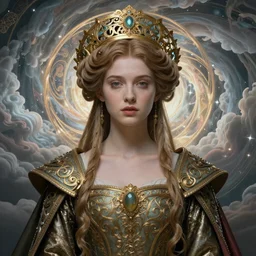beautiful young medieval queen by chie yoshii, iris van herpen, jean delville, james jean spiraling clouds, art nouveau, visionary, symbolist, detailed face portrait octane render, ornate garments