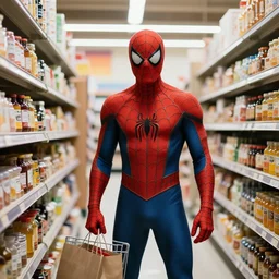 Spiderman shopping in a Supermarket, photorealistic, National Geographic's photo