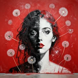 riotous dandelion, red by john berkey. the art installation is an abstract portrait of a woman. the woman's face is divided into two halves, one half is black & the other is white. the woman's eyes are large & staring. the art installation is full of energy & movement.