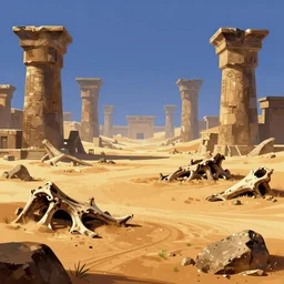 concept art snk kof 2 0 0 0 scenario background by jama jurabaev, cel shaded, cinematic shot, trending on artstation, high quality, brush stroke, ancient giant animal remains in the desert