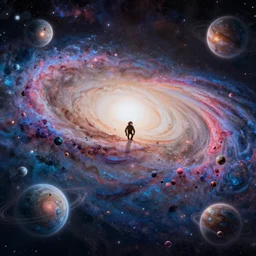 one small ape in the distance standing on the edge of a galaxy filled with small planets, by aivazofsky, psychedelic colours, fine detail
