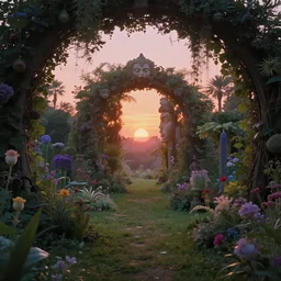 a bit flip at the end of time and space where we found the portal to the illusion of it all, surreal, fantasctic, notan, 8 k, sunrise, sunset, godhead, garden of enchantment