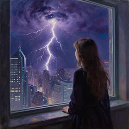 the young mystic witch of the multiverse stares outside her enormous apartment window where a cosmic lightning storm rages over a futuristic city. oil painting, 1 9 7 0 s
