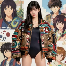 a beautiful japanese lalisa alluring gravure model, wearing oversized designer bomber jacket and leotard, bulky poofy bomber jacket with mesoamerican patterns, mesoamerican native street fashion, gapmoe yandere grimdark, trending on pixiv fanbox, painted by greg rutkowski makoto shinkai takashi takeuchi studio ghibli, akihiko yoshida