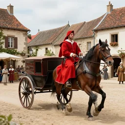 man rouge in a village riding on a horse carriage too the local town square, Medival, Realism, Realistic, HDR,