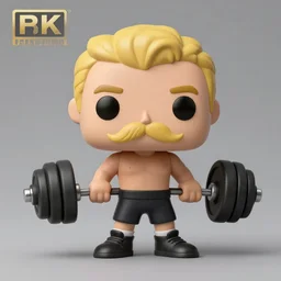 a funko figurine of a  crossfiter with a blond mustache, carrying two barbells, hyper realistic, 3d rendering, mate painting mix rendering, 4K -h 1024 -w 512