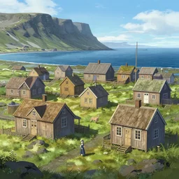 wooden houses in an viking village on the icelandic coast , official fanart behance hd artstation by Jesper Ejsing, by RHADS and Makoto Shinkai and Lois van baarle and ilya kuvshinov and rossdraws