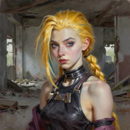 oil painting of jinx with golden blonde hair, standing in abandoned building, in style of charlie bowater, detailed face,