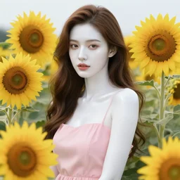 beautiful lady surrounded by sunflowers, brown long hair, pink dress, shiny white skin, demonic eyes, low fantasy, extremely detailed, sharp focus, smooth, digital illustration, by rossdraws, frank franzzeta, sakimichan