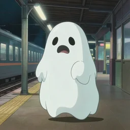 a scary looking but very friendly transparent ghost at a train station in the style of a ghibli movie