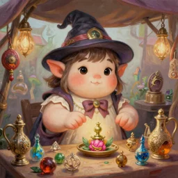 a cute painting, adorable very short fat obese kobold sorceress selling magic trinkets at her stall in the market, intricate, highly detailed, artstation, concept art, smooth, sharp focus, colorful scene, art by artgerm and greg rutkowski and wlop