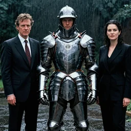 a paladin wearing issey miyake armor in the rain, portrait, fashion photography, by david bailey, martin parr, nan goldin